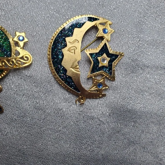 Vtg Newpro Celestial Brooch Full Set Gold Tone Sun Moon Planet Glitter Enamel - Picture 3 of 9